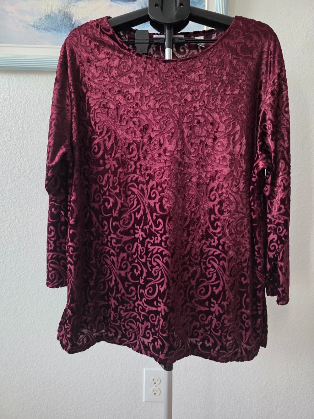 AMANDA SMITH II SIZE 2X WOMENS MAROON BURNOUT VELVET LONG SLEEVE BLOUSE